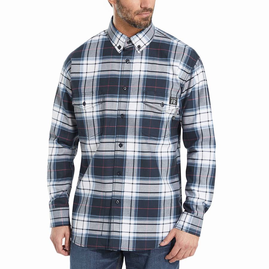 Wolverine FR Plaid Long Sleeve Twill Ingek Férfi Sötétkék | CSZ7946OD