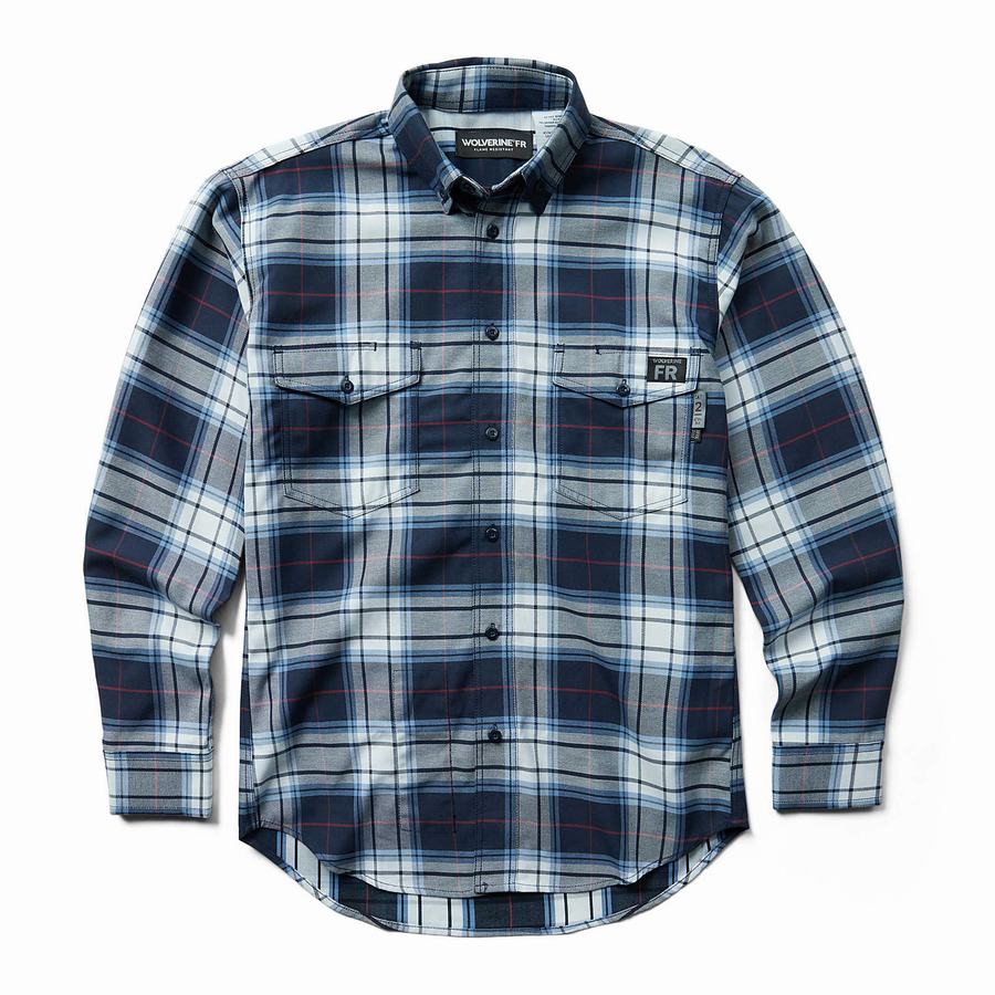 Wolverine FR Plaid Long Sleeve Twill Ingek Férfi Sötétkék | CSZ7946OD