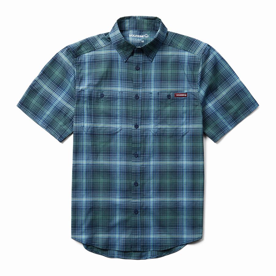 Wolverine Fuse Short Sleeve Plaid Ingek Férfi Kék Szürke | SKO6624VZ